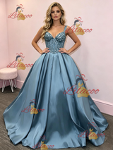 Blue Satin Straps Sequins Prom Dress