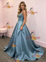 Blue Satin Straps Sequins Prom Dress