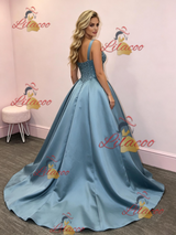 Blue Satin Straps Sequins Prom Dress