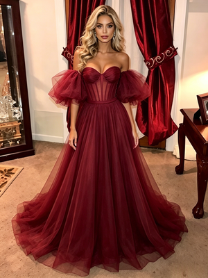 Burgundy Tulle Off the Shoulder Prom Dress