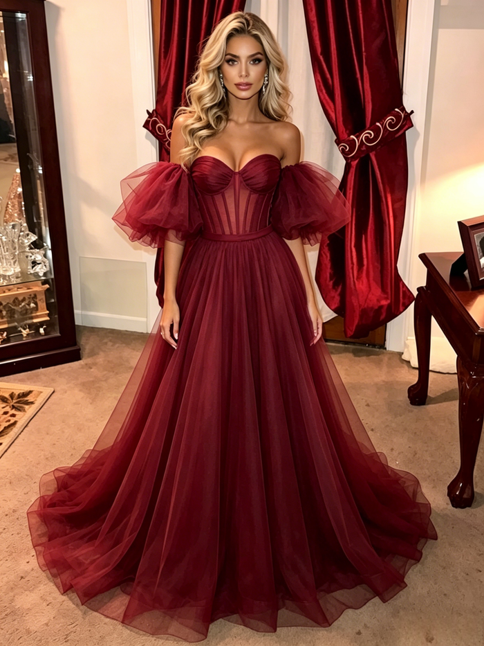 Burgundy Tulle Off the Shoulder Prom Dress