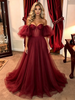 Burgundy Tulle Off the Shoulder Prom Dress