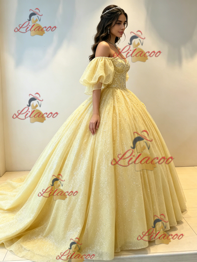 Yellow Tulle Off the Shoulder Beading Quinceanera Dress
