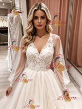 Champagne Tulle Long Sleeve V-neck Wedding Dress