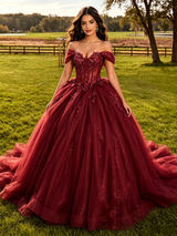 Burgundy Tulle Off the Shoulder Appliques Quinceanera Dress