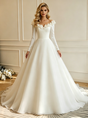 White Long Sleeve Off the Shoulder Flower Wedding Dress