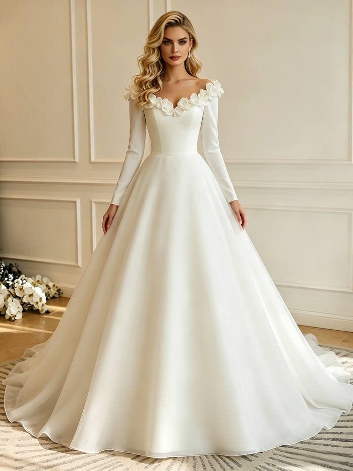 White Long Sleeve Off the Shoulder Flower Wedding Dress