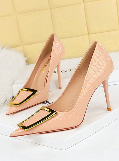 Shallow-mouthed Pointed Metal Buckle High Heels