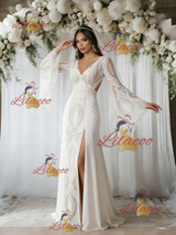 White Lace V-neck Long Sleeve Wedding Dress