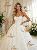 White Tulle Strapless Appliques Wedding Dress
