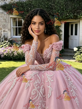 Pink Tulle Off the Shoulder Long Sleeve Quinceanera Dress