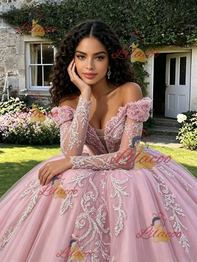 Pink Tulle Off the Shoulder Long Sleeve Quinceanera Dress
