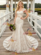 Champagne Mermaid Lace Cap Sleeve Wedding Dress
