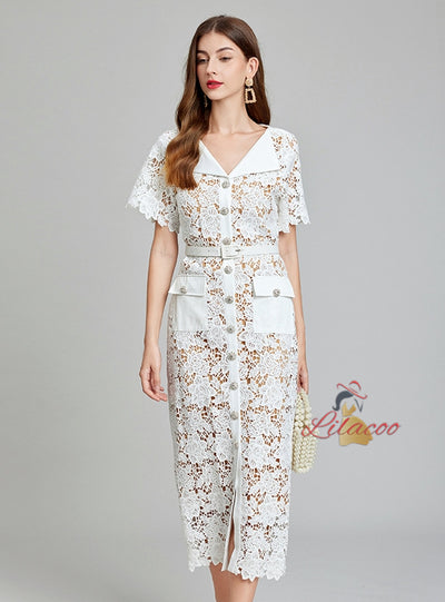 Sexy V-neck Lace Openwork Long Dress