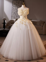 White Tulle Strapless 3D Flower Wedding Dress