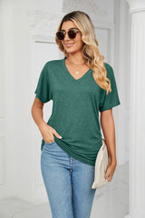 Casual V-neck Solid Color Loose T-shirt