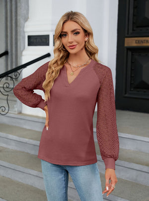 Waffle Lace Stitching Long Sleeve V-neck T-shirt