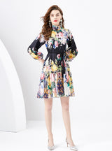 Retro Painted Long Sleeve Printed Dress