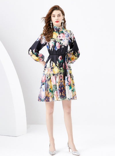 Retro Painted Long Sleeve Printed Dress