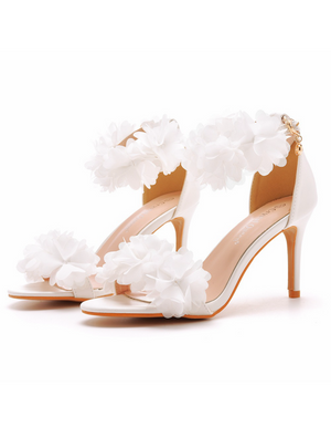 White Flowers Shallow Heels Sandals
