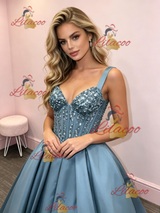 Blue Satin Straps Sequins Prom Dress