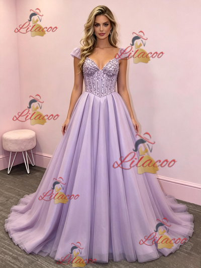 Purple Tulle Straps Sequins Prom Dress