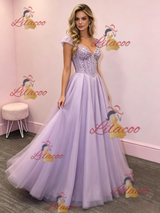 Purple Tulle Straps Sequins Prom Dress