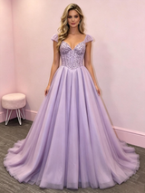 Purple Tulle Straps Sequins Prom Dress