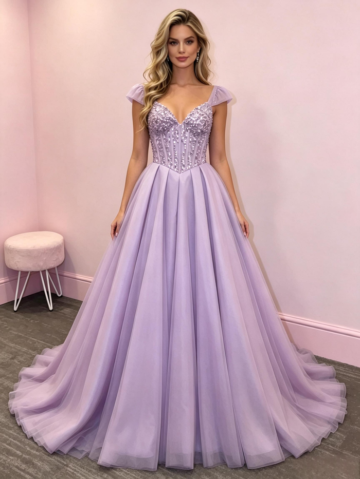 Purple Tulle Straps Sequins Prom Dress