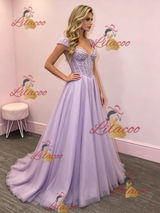 Purple Tulle Straps Sequins Prom Dress