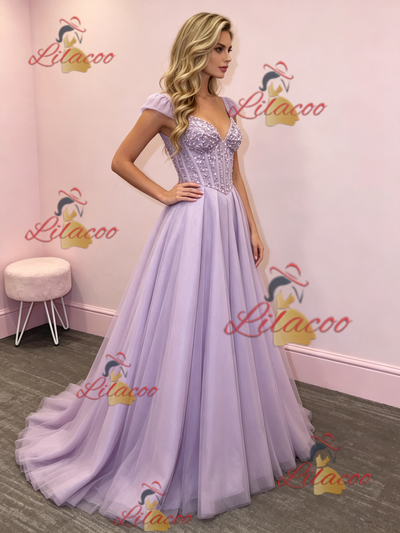 Purple Tulle Straps Sequins Prom Dress