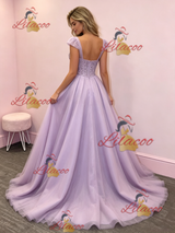 Purple Tulle Straps Sequins Prom Dress
