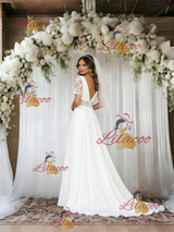 White V-neck Short Sleeve Lace Wedding Dress