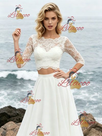 White Two Piece Short Sleeve Lace Wedding Dress