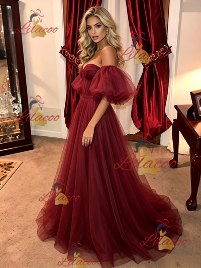 Burgundy Tulle Off the Shoulder Prom Dress