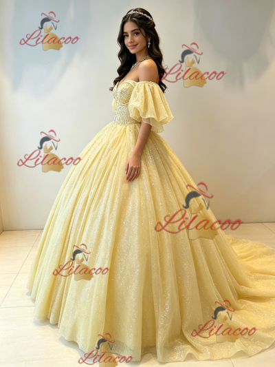 Yellow Tulle Off the Shoulder Beading Quinceanera Dress