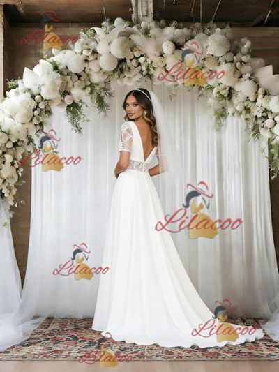 White V-neck Short Sleeve Lace Wedding Dress