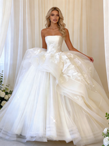White Tulle Strapless Appliques Wedding Dress