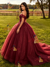 Burgundy Tulle Off the Shoulder Appliques Quinceanera Dress