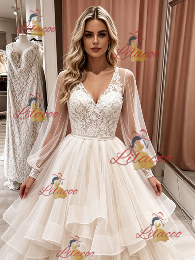 Champagne Tulle Long Sleeve V-neck Wedding Dress