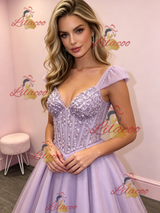 Purple Tulle Straps Sequins Prom Dress