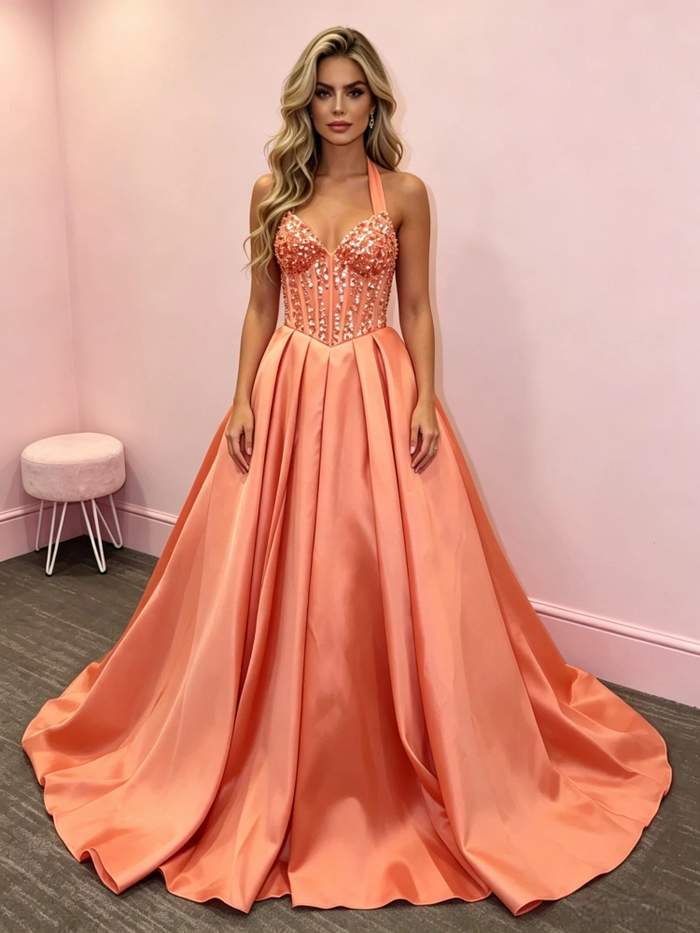 Orange Satin Off the Shoulder Prom Dress
