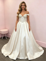 Beige White Satin Off the Shoulder Prom Dress