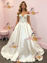 Beige White Satin Off the Shoulder Prom Dress