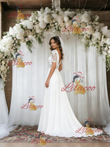 White V-neck Short Sleeve Lace Wedding Dress