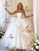 White Tulle Strapless Appliques Wedding Dress