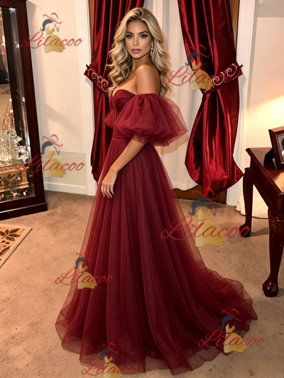 Burgundy Tulle Off the Shoulder Prom Dress