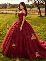 Burgundy Tulle Off the Shoulder Appliques Quinceanera Dress