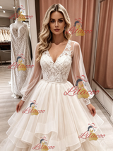 Champagne Tulle Long Sleeve V-neck Wedding Dress