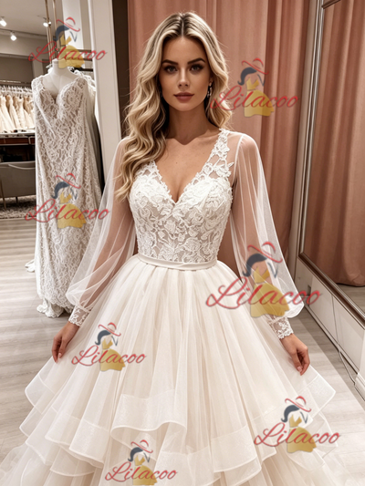 Champagne Tulle Long Sleeve V-neck Wedding Dress